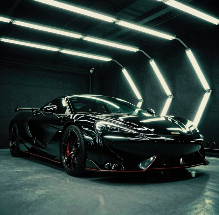 Low-angle dynamic shot of a high-gloss ceramic coated sports car inside a moody garage, bright neon green LED work lights reflecting on the black paint, 35mm film grain