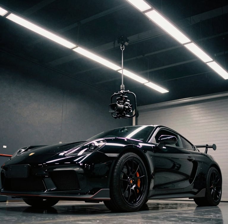Low-angle dynamic shot of a camera rig filming a high-gloss ceramic coating application on a black sports car, dramatic garage LED work lights, 35mm film grain