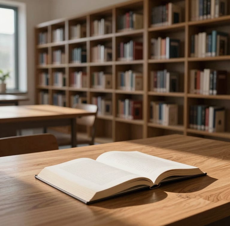 A quiet, modern study library with wooden desks and minimalist bookshelves, natural morning light casting soft shadows, focus on a single open book on a table.
