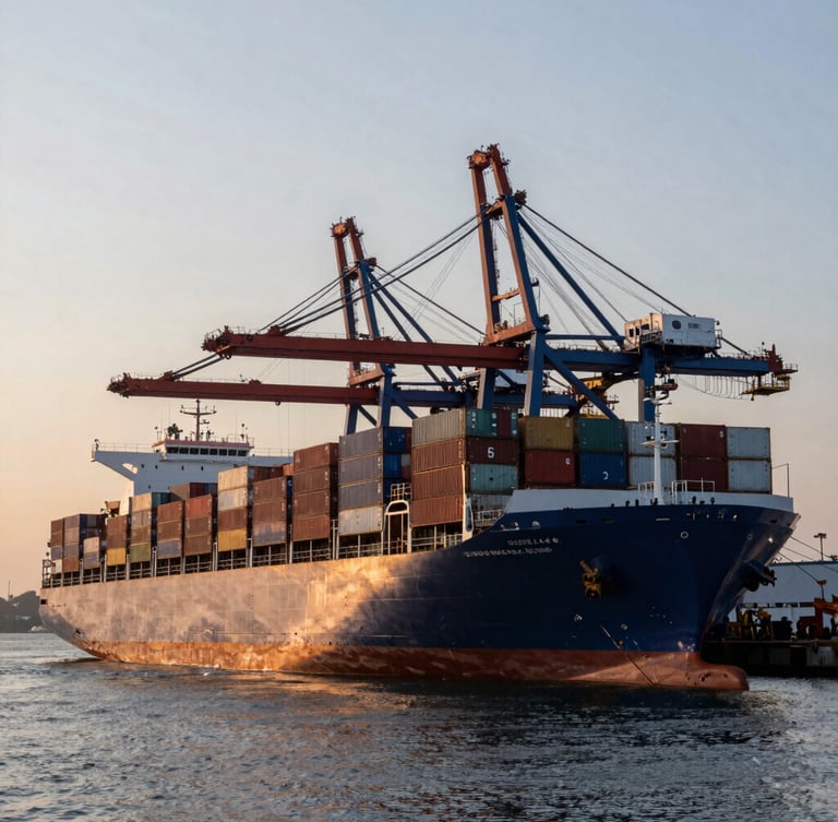Wide environmental shot of a massive container ship docked at a deep-water port during dawn, cool steel tones with warm amber horizon light.