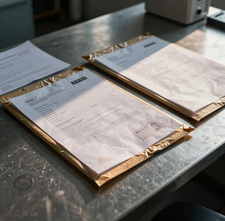 Close-up of sealed shipping documents and customs stamps on a steel desk, dramatic dawn light casting long shadows, sharp focus.