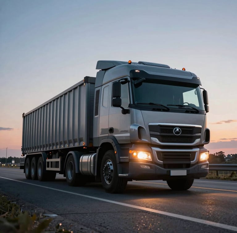 Low-angle heroic shot of a modern heavy-duty cargo truck on a clean highway at dusk, cool steel tones with warm amber headlight glow.