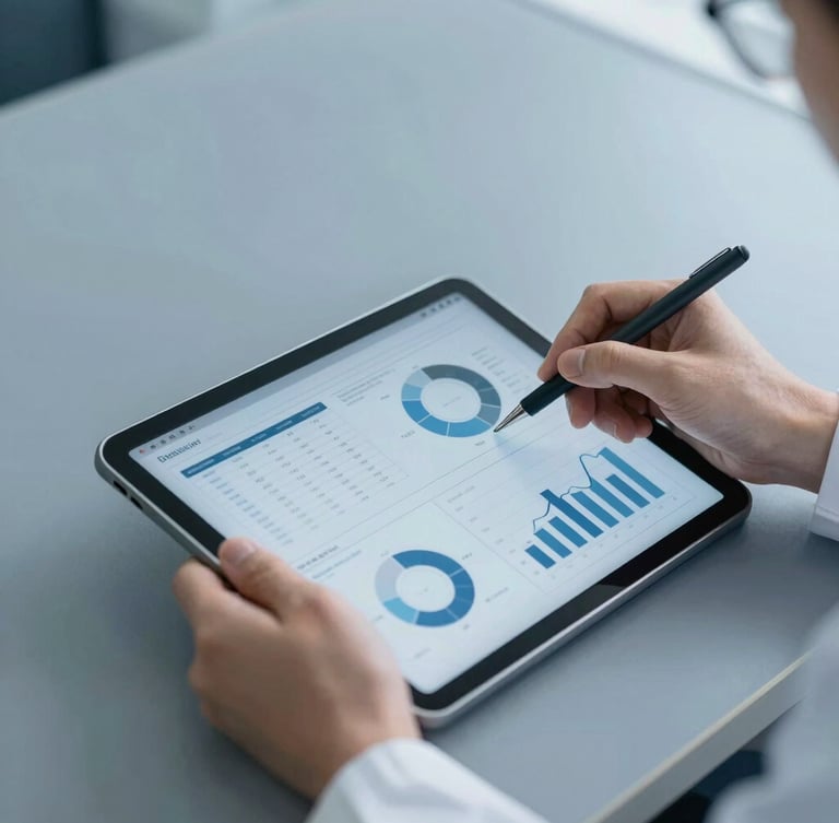 Clean editorial photography, cool natural daylight, a researcher's hands analyzing data charts on a tablet, slate blue tones, sharp focus, 35mm