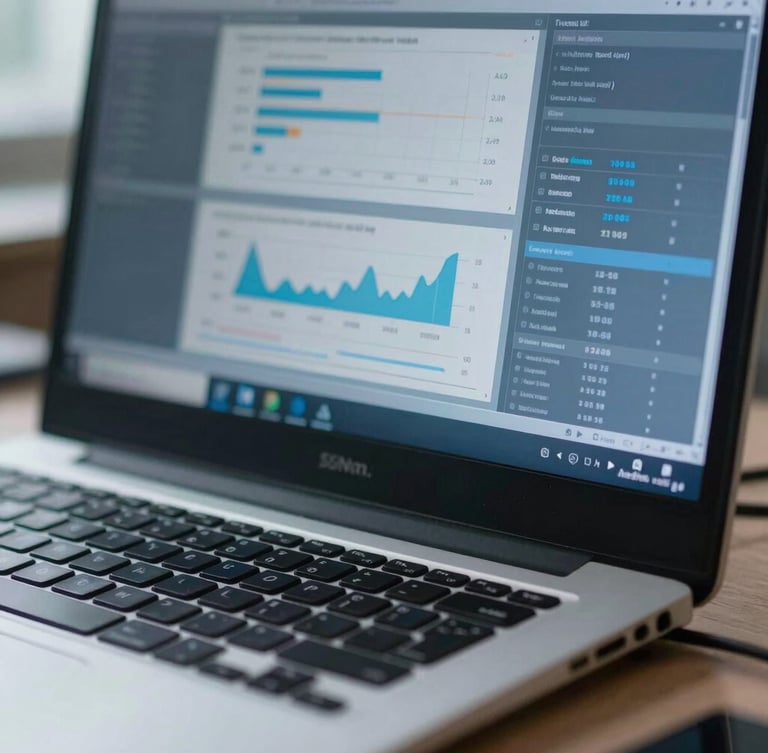 A clean, high-contrast close-up of a technical workstation with data charts on a screen, cool natural daylight, sharp focus, 35mm