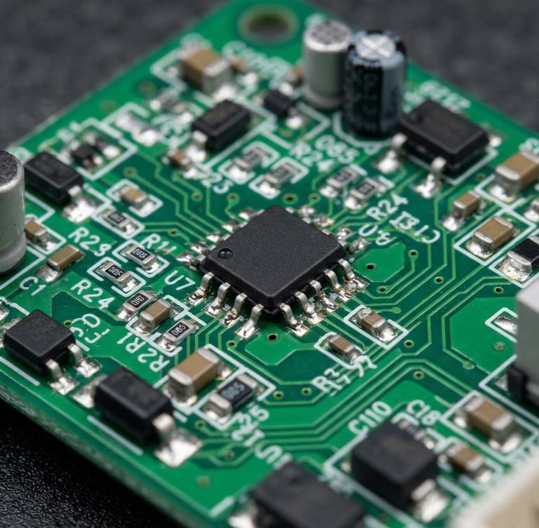 Macro studio photography of a green circuit board with integrated circuits, sharp focus on solder points, dark graphite background, industrial lighting