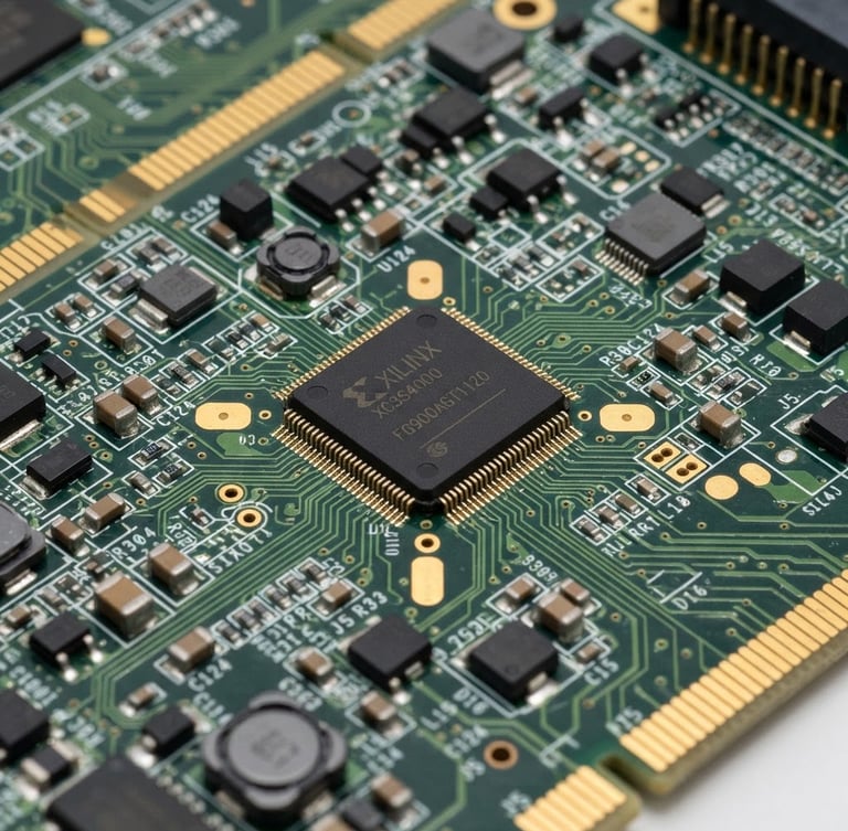 Macro product photography of a green PCB board with gold-plated contacts, clean solder joints, and high-reliability integrated circuit chips, bright industrial studio lighting, sharp focus, 50mm lens