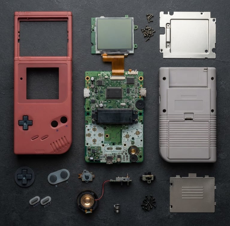 Top-down flat lay of a dismantled original handheld console on a dark graphite workbench, clean green circuit boards and colorful plastic shells arranged neatly under bright industrial studio lighting.
