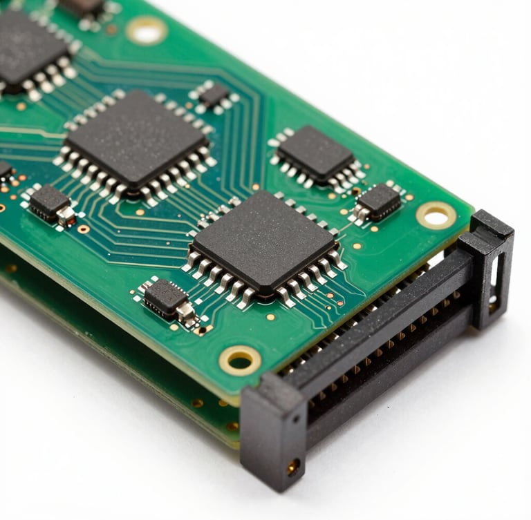 Macro product photography of a green circuit board with integrated circuits inserted into an original retro console slot, bright industrial studio lighting, sharp focus on the contact pins.