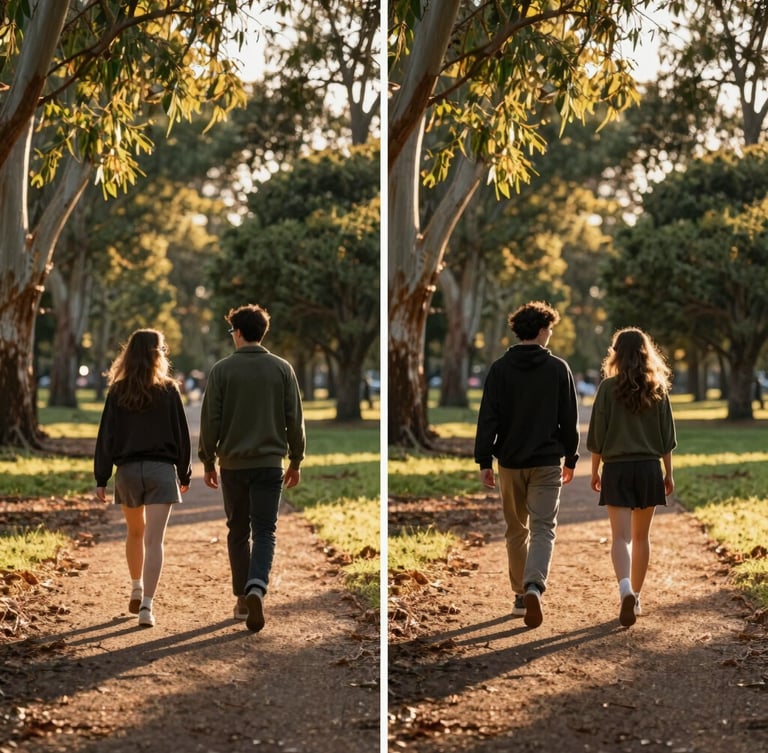 Side-by-side view of two people walking along a sun-drenched path in a Shepparton park, warm Australian golden hour light filtering through eucalyptus trees, focus on their steps and relaxed posture.