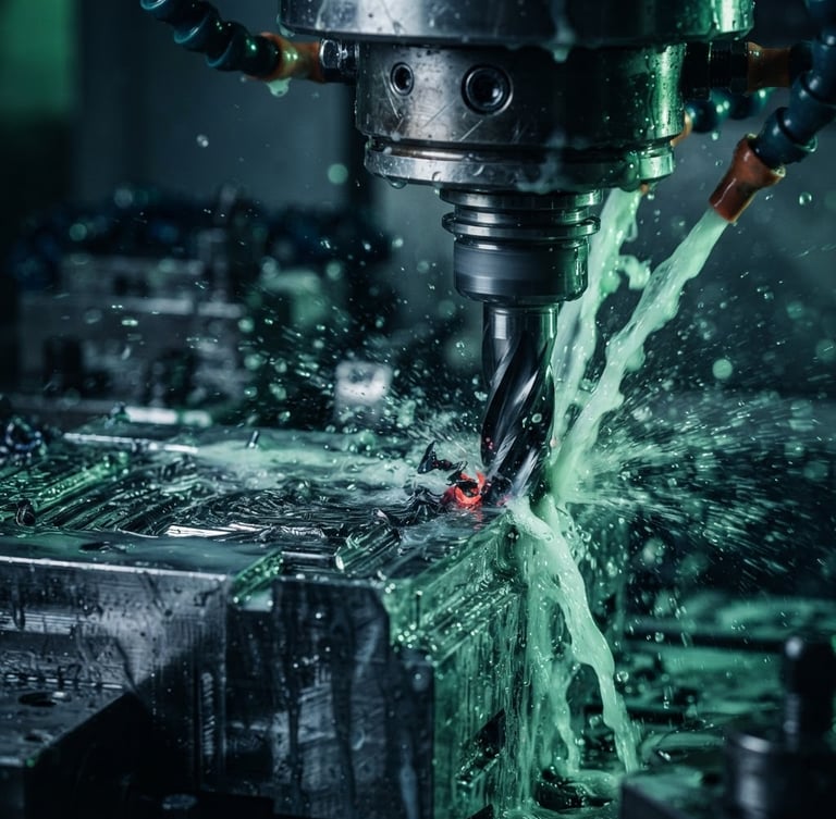 Extreme close-up of a multi-axis CNC mill cutting raw steel with coolant spray, dramatic cool-toned studio lighting with sharp green highlights reflecting off metallic surfaces, macro depth of field