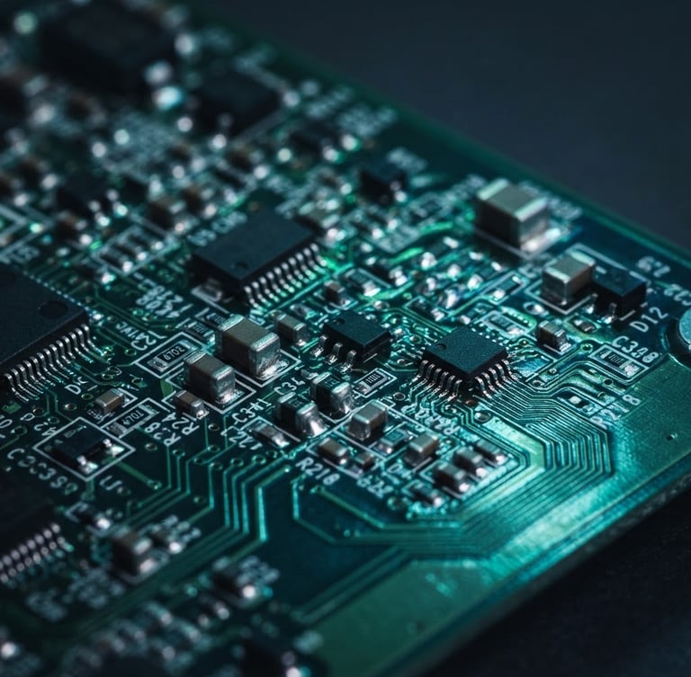 Macro photograph of a high-density printed circuit board, pristine solder joints on SMT components, dramatic cool-toned studio lighting with sharp emerald green highlights on metallic traces, deep slate background.