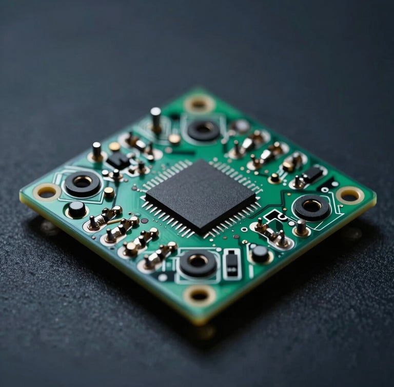 Macro photograph of a high-density PCBA with pristine solder joints, dramatic cool-toned studio lighting, deep slate background with sharp emerald green highlights
