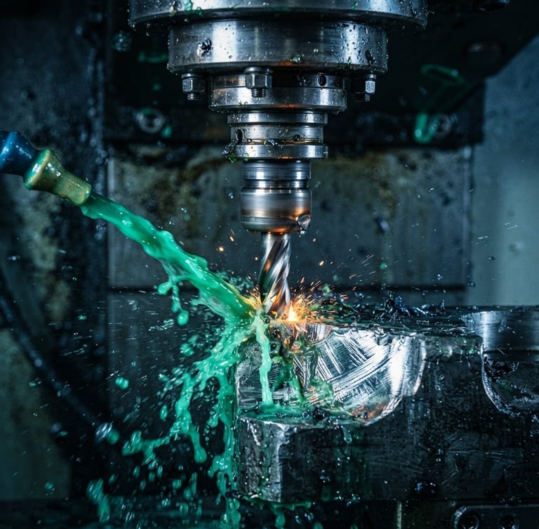 Extreme close-up of a multi-axis CNC mill spindle cutting raw titanium with bright green coolant spray, sharp metallic reflections, dramatic cool-toned studio lighting, deep slate background.