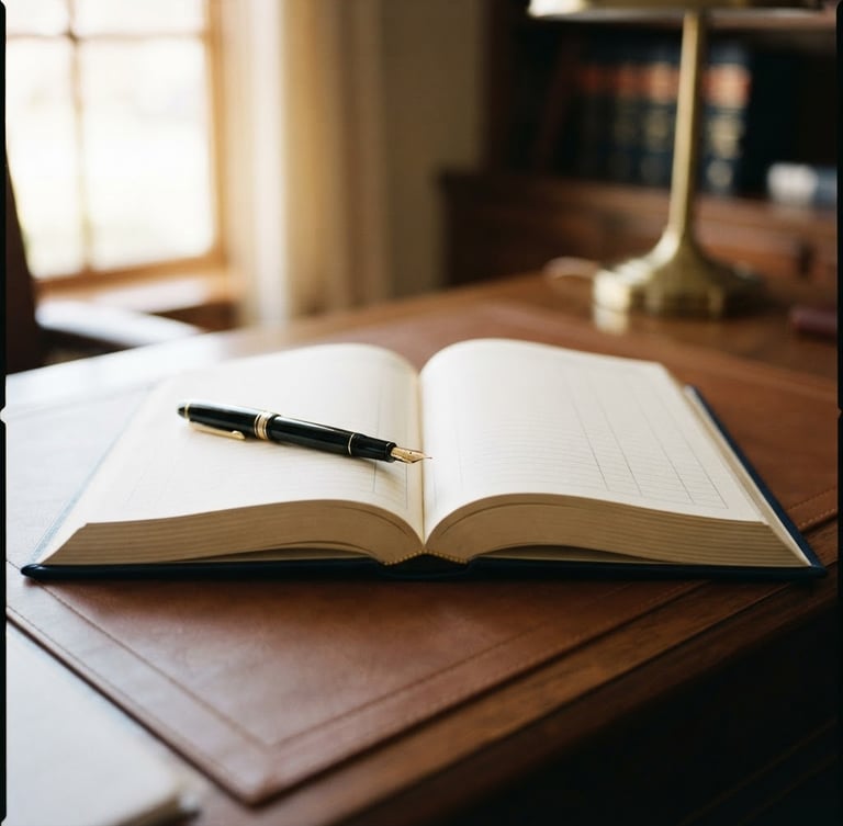 Symmetrical close-up of a legal register book, fountain pen resting on textured cream paper, soft morning light filtering through a window, professional legal office setting.