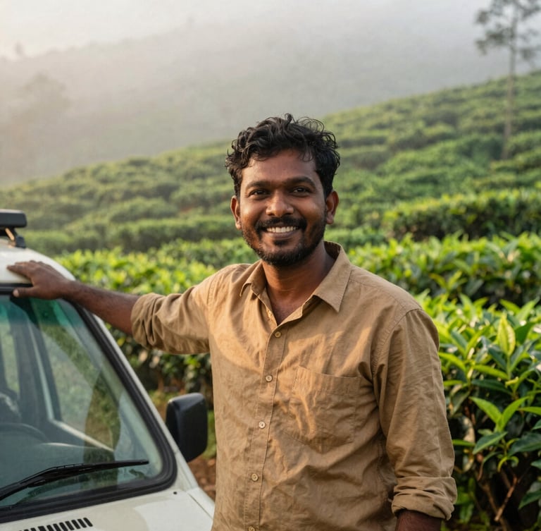 Candid medium portrait of a smiling Sri Lankan driver-guide standing beside a vehicle, misty tea plantation background, low-angled morning light.