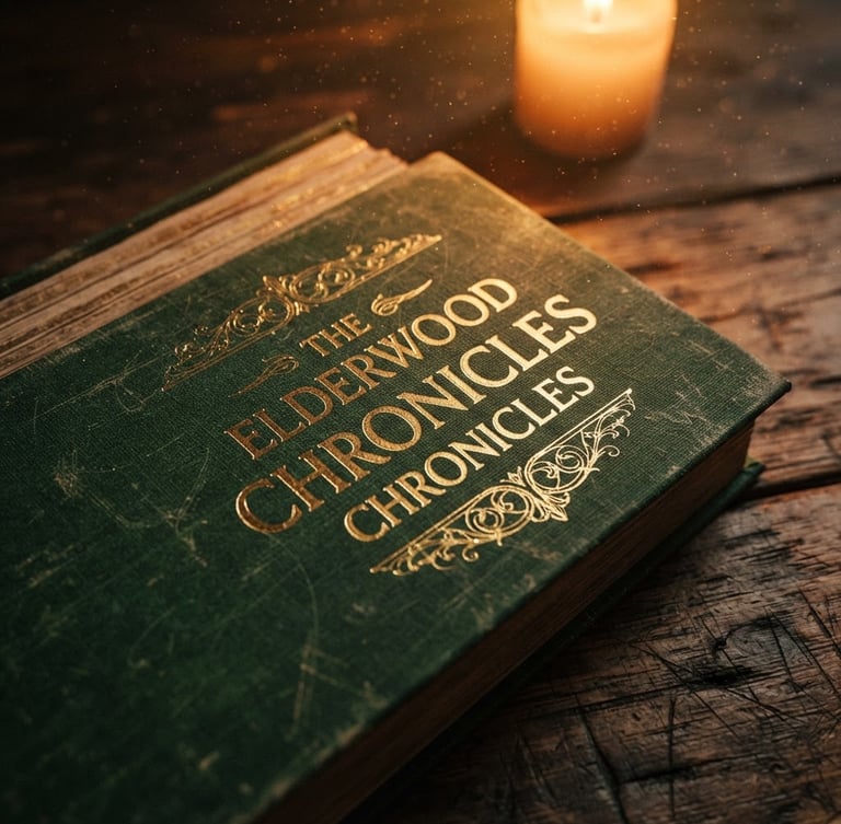Close-up macro shot of a physical fantasy book with a textured forest green cover and gold foil title, resting on a rustic wooden table illuminated by warm candlelight, dust motes in the air, 35mm lens