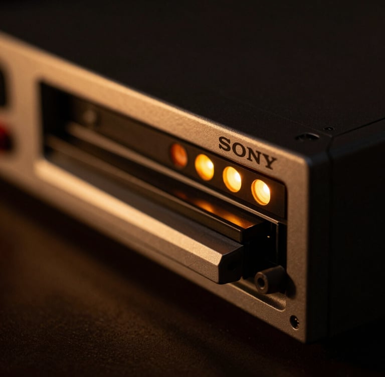 Macro close-up of a vintage Sony Digital BetaCam deck tape loading mechanism, warm amber indicator lights, low-key dramatic studio lighting, deep shadows, 50mm