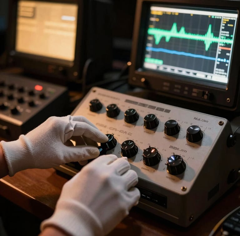 Close-up of a veteran video engineer wearing white gloves adjusting calibration dials on a 3/4-inch U-Matic studio deck, glowing waveform monitors in the background, low-key lighting, amber accents