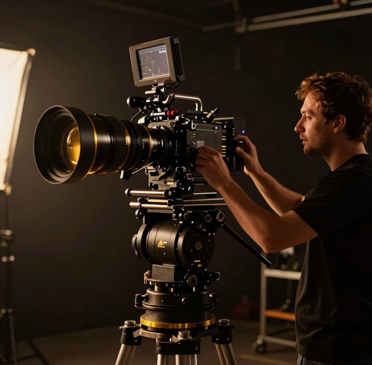 Cinematic behind-the-scenes shot of a director adjusting a massive anamorphic lens on a high-end camera rig, low-key chiaroscuro lighting, gold accents.