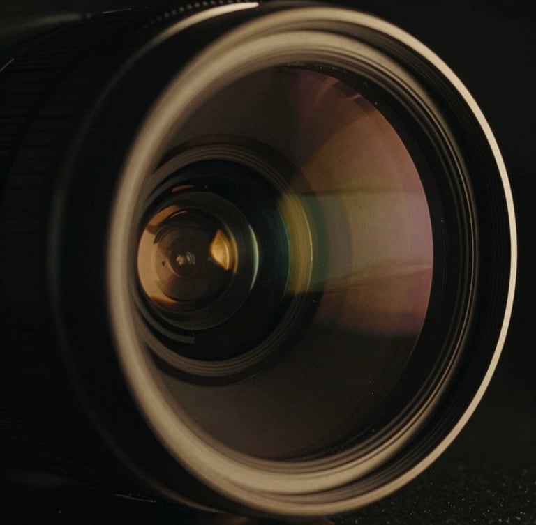 Extreme close-up of an anamorphic lens with a golden rim light reflection, deep chiaroscuro shadows, cinematic film photography, 35mm.