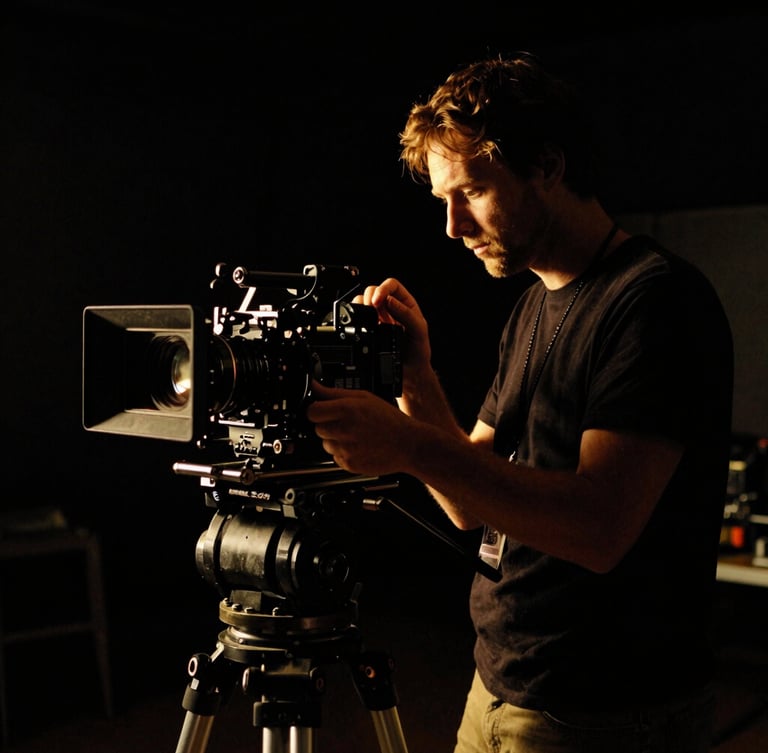 High-contrast cinematic still of a director adjusting a camera rig on a dark set, dramatic golden rim light, deep shadows, 35mm film grain.