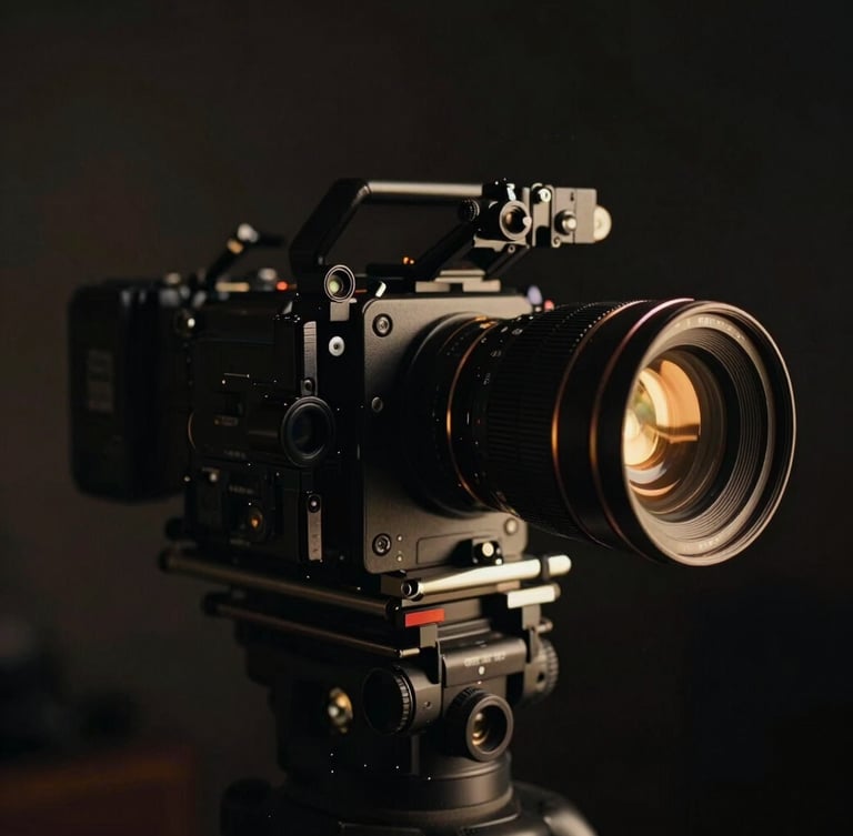 Dramatic low-key cinematic film photography of a high-end camera rig, golden rim light, deep shadows, 35mm anamorphic lens.
