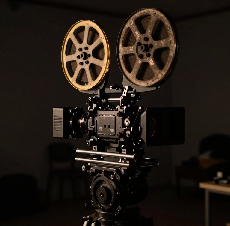 Cinematic behind-the-scenes set shot, low-key chiaroscuro lighting, deep shadows, single golden rim light on a camera rig, 35mm.