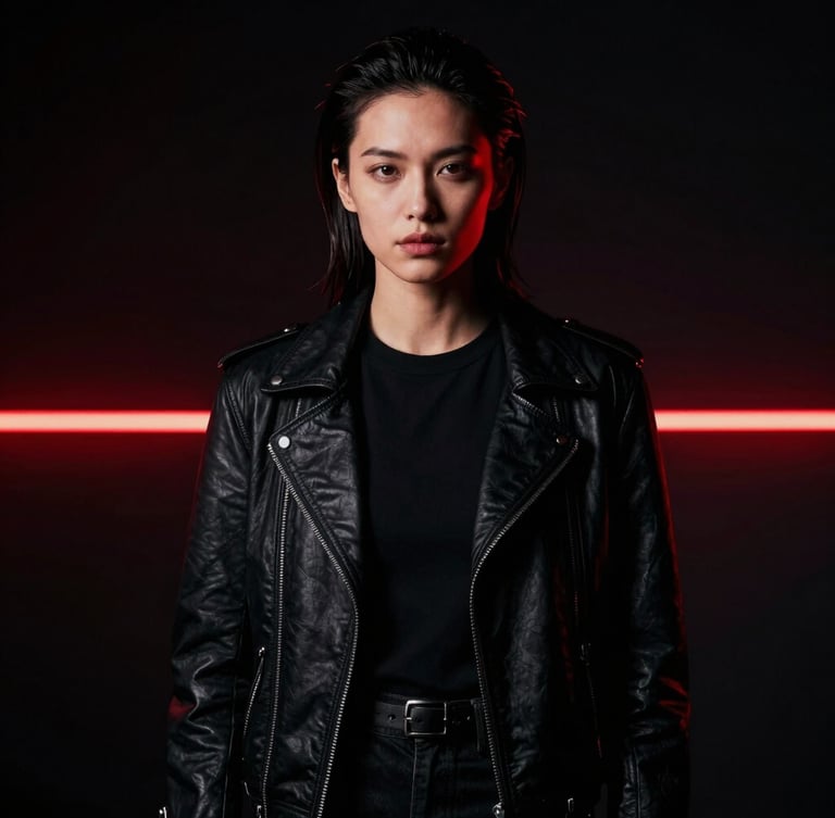 High-contrast fashion portrait of a confident digital creator, dramatic studio lighting, subtle red neon accent line across the background, deep shadows, sharp focus 35mm lens.