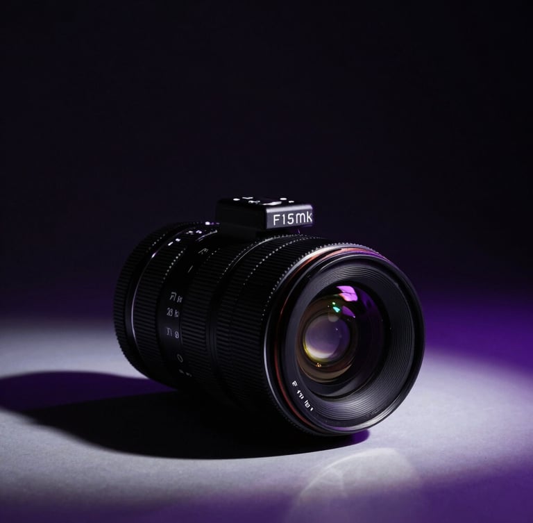 Dramatic editorial photography of a high-fashion digital creator in a dark studio, sharp high-contrast lighting, deep shadows with subtle purple neon accents, 35mm lens