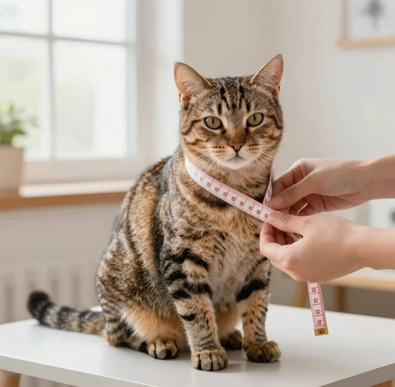 A cute, calm tabby cat sitting relaxed on a light grey table while a person gently measures its chest, soft natural window light, warm tones, clean background