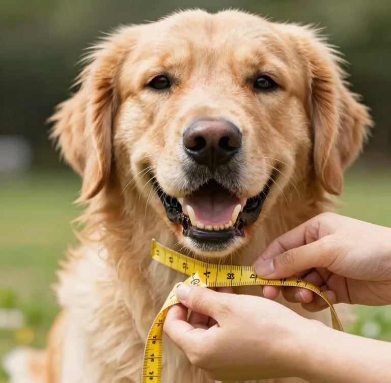 Close-up of hands measuring a happy, calm golden retriever with a soft yellow tailor tape, bright natural daylight, warm and cheerful tones, shallow depth of field, 35mm lens