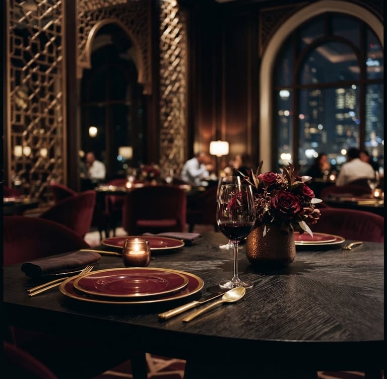 Luxury architectural dining space in Abu Dhabi, low-key dramatic side-lighting, deep burgundy and bronze tones, shallow depth of field, 35mm