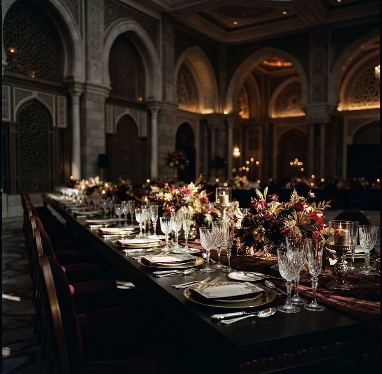 Low-key dramatic side-lighting on an immaculate long banquet table set with fine crystal and silver inside a grand Abu Dhabi architectural hall, deep shadows, 35mm