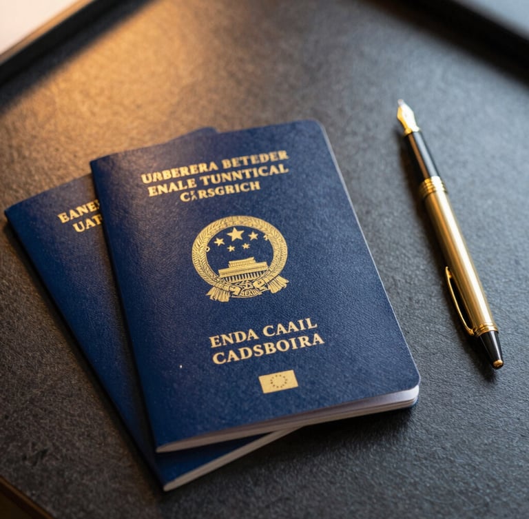 A clean, high-contrast flat-lay of official European Union travel documents and a gold fountain pen on a dark textured desk, warm side lighting.
