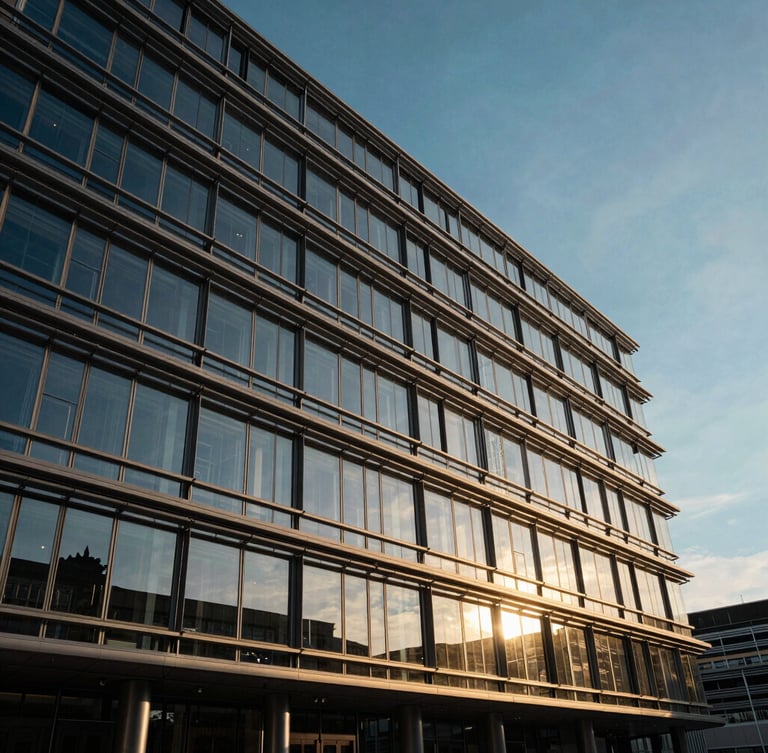 A dramatic low-angle shot of the European Commission building in Brussels, golden hour sunlight reflecting off glass panels, clean geometric lines.