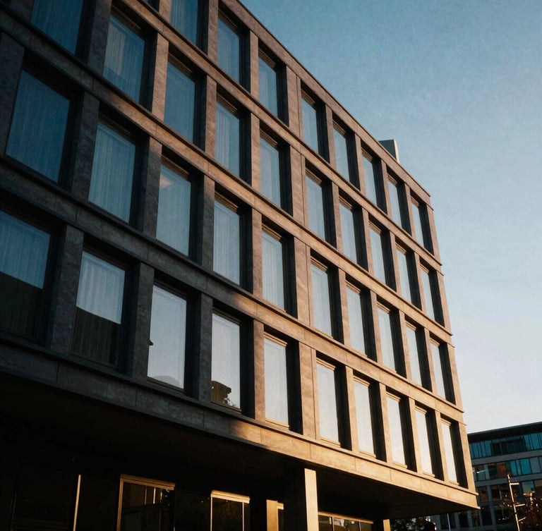 Low-angle architectural shot of modern European Union office building in Brussels, golden-hour sunlight casting long shadows, warm editorial style, 35mm
