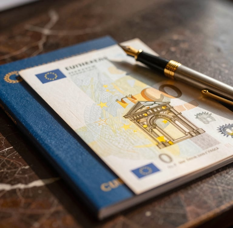 A close-up of official European travel documents and a gold fountain pen resting on a dark marble desk, warm golden-hour light casting soft shadows, 35mm editorial photography