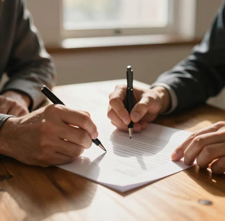 Close-up shot of hands signing a real estate contract on a warm wooden table, soft morning daylight streaming through a window, shallow depth of field, 35mm.