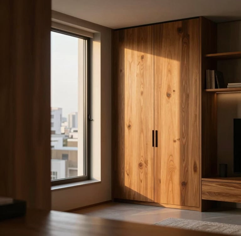 Warm editorial photography, soft golden-hour window light, an elegant modern apartment interior in São Paulo with rich wooden textures and clean lines, shallow depth of field, 35mm.