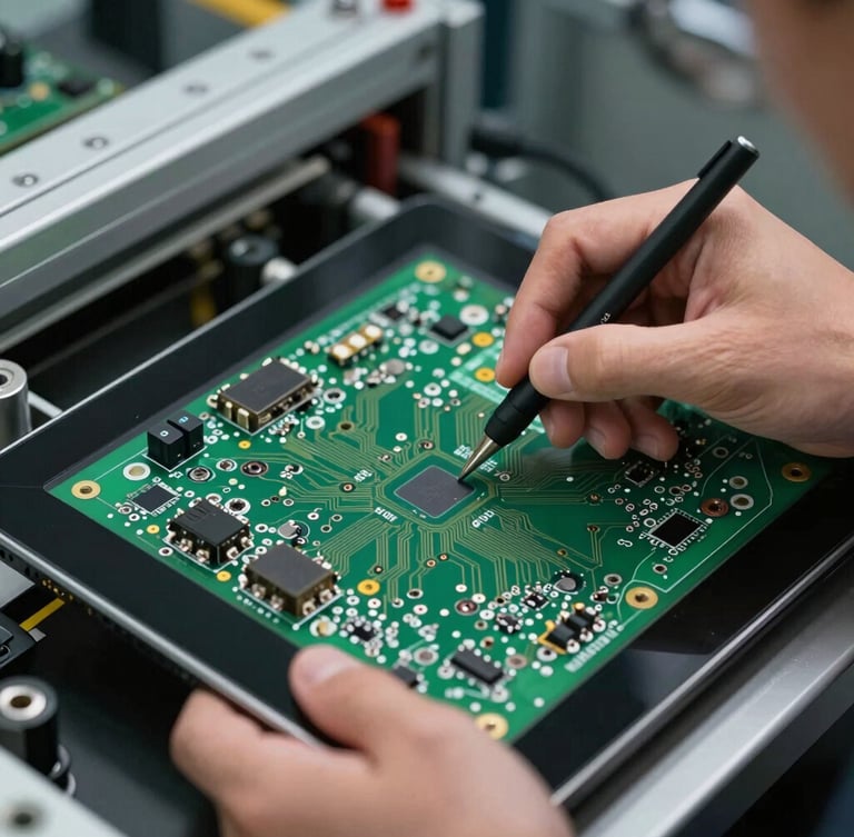 Close-up macro shot of a technician using a digital tablet to run diagnostics on an exposed green circuit control board inside a gate operator, high contrast lighting.