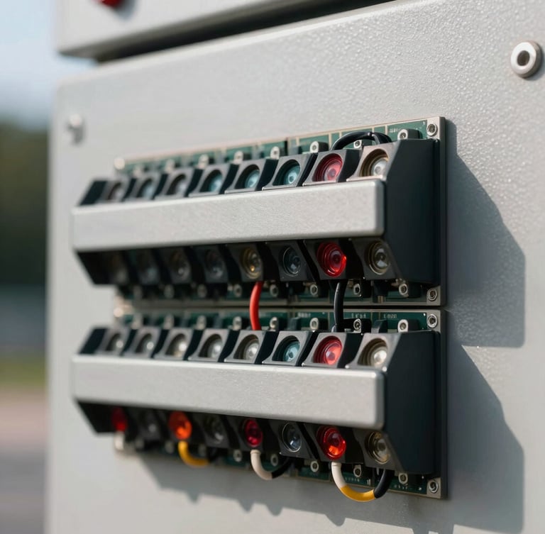 Macro close-up of an automated gate control board showing safety sensor terminals and wiring, sharp contrast, bright daylight