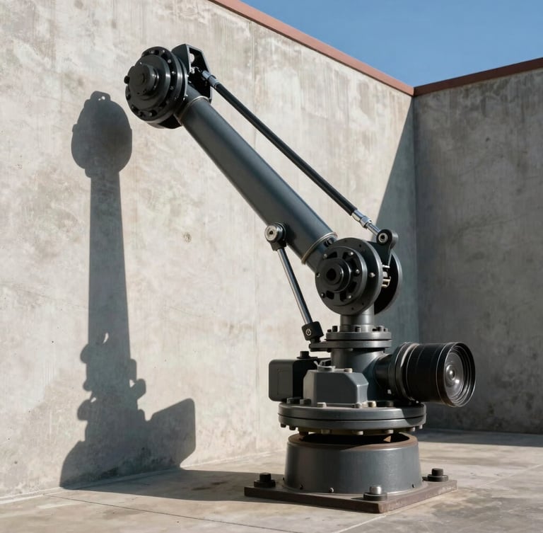 A low-angle, high-contrast shot of a heavy-duty hydraulic gate operator arm, sharp Southern California sunlight casting crisp geometric shadows on concrete.