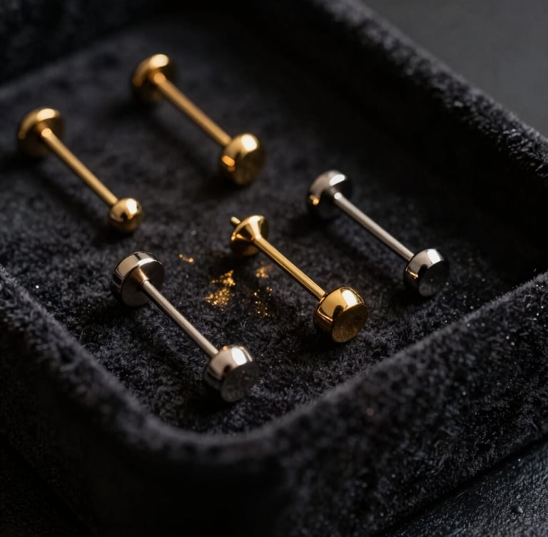 Close-up of luxury gold and titanium piercing studs arranged on a dark velvet display tray, subtle golden reflections, dramatic side lighting, deep shadows, premium aesthetic, 35mm lens