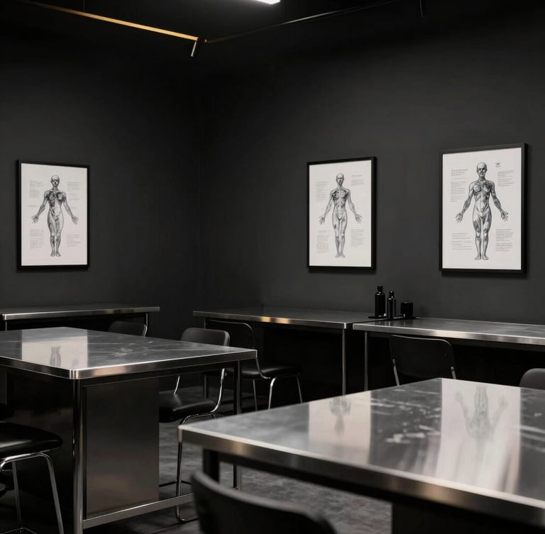 Minimalist and clean tattoo academy classroom, high-end workstations with professional lighting, stainless steel tables, anatomical sketches on the dark anthracite wall, luxury design studio vibe