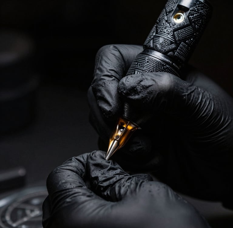 Macro close-up of a professional tattoo artist's hand wearing a black nitrile glove, holding a sleek wireless tattoo machine, precise gold needle details, dramatic chiaroscuro lighting, deep black background.