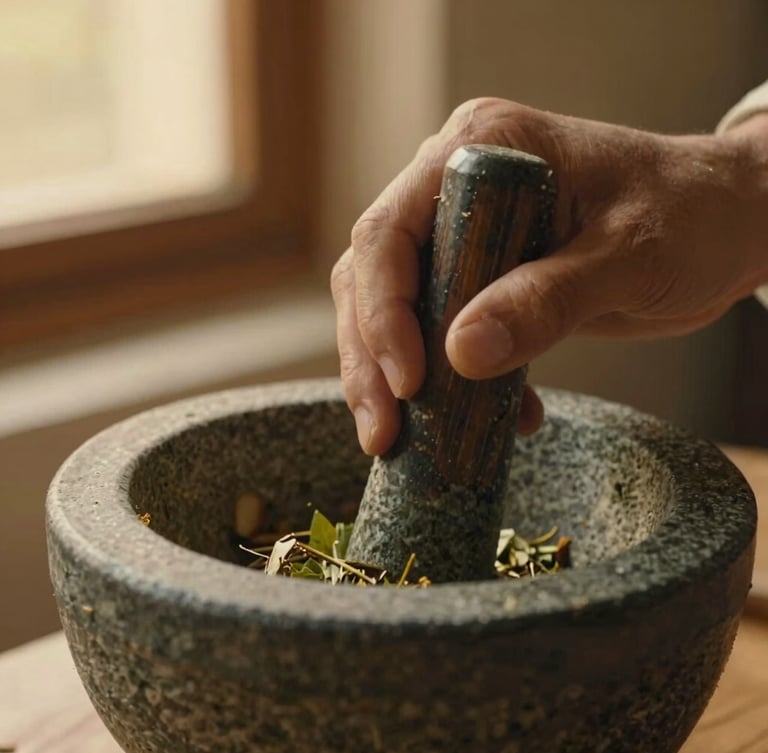 Close-up macro photography of hands grinding fresh herbs in a heavy stone mortar, warm golden-hour window light, muted saffron tones, shallow depth of field