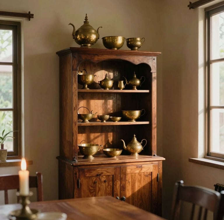 An environmental shot of a cozy corner in the dining room, a vintage teak wood cabinet displaying antique Thai brassware, soft candlelight casting long shadows, warm editorial photography