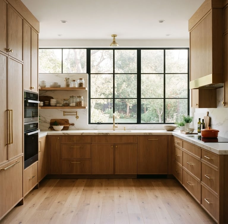 Straight-on architectural elevation of a modern residential kitchen with warm oak cabinetry and brass accents, flooded with soft natural window daylight, 35mm
