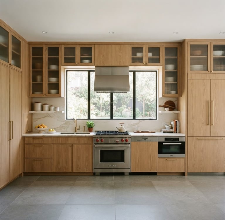 Straight-on architectural elevation of a modern residential kitchen with warm white oak cabinetry, natural window daylight, soft shadows, 35mm