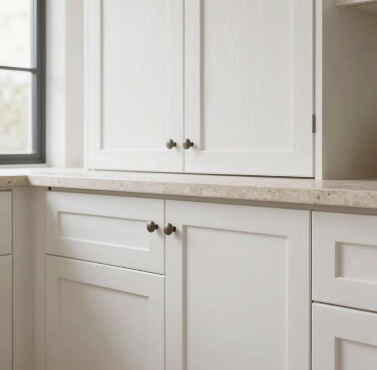 Straight-on architectural detail shot of custom white oak cabinetry meeting a perfectly aligned stone countertop, soft side-lighting, clean lines, residential interior, 35mm
